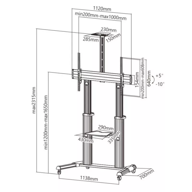 Techly ICA-TR24 soporte de TV móvil, 60-100 pulgadas, 100 kg, con estantes