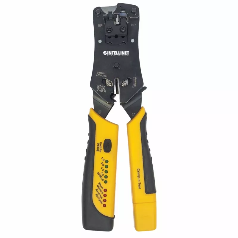 Intellinet herramienta de crimpado universal para conectores modulares y comprobador de cables, crimpadora y comprobador de cables 2 en 1: corta, pela, crimpa y comprueba, RJ45/RJ11/RJ12/RJ22