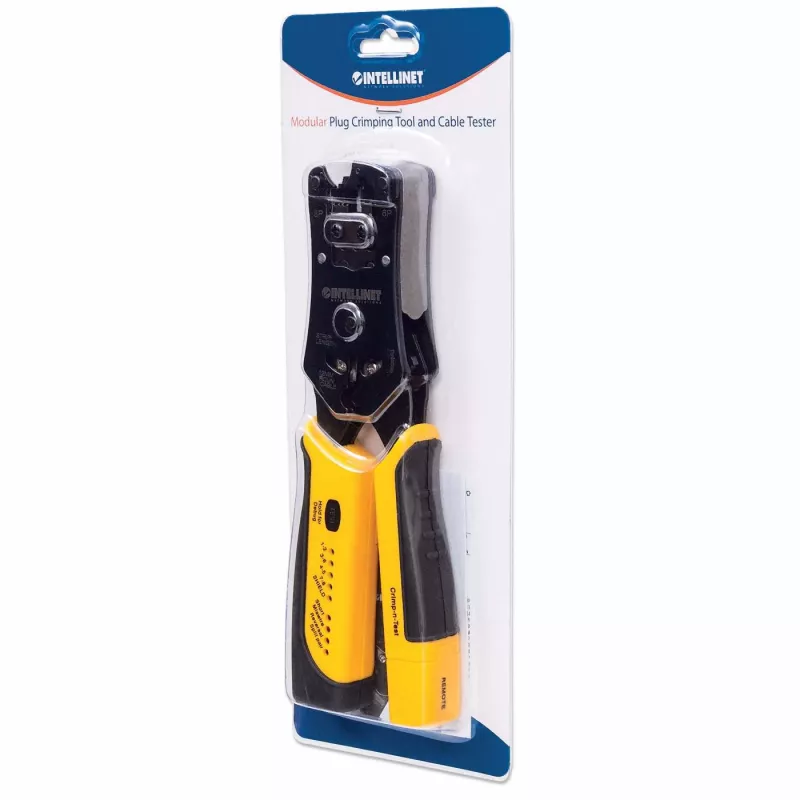 Intellinet herramienta de crimpado universal para conectores modulares y comprobador de cables, crimpadora y comprobador de cables 2 en 1: corta, pela, crimpa y comprueba, RJ45/RJ11/RJ12/RJ22