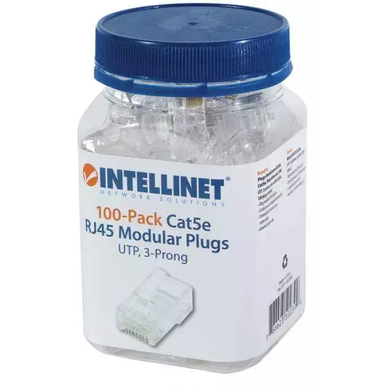 Intellinet conector modular RJ45, Cat5e, UTP, 3 dientes, para cable macizo, contactos bañados en oro de 15 µ, pack de 100