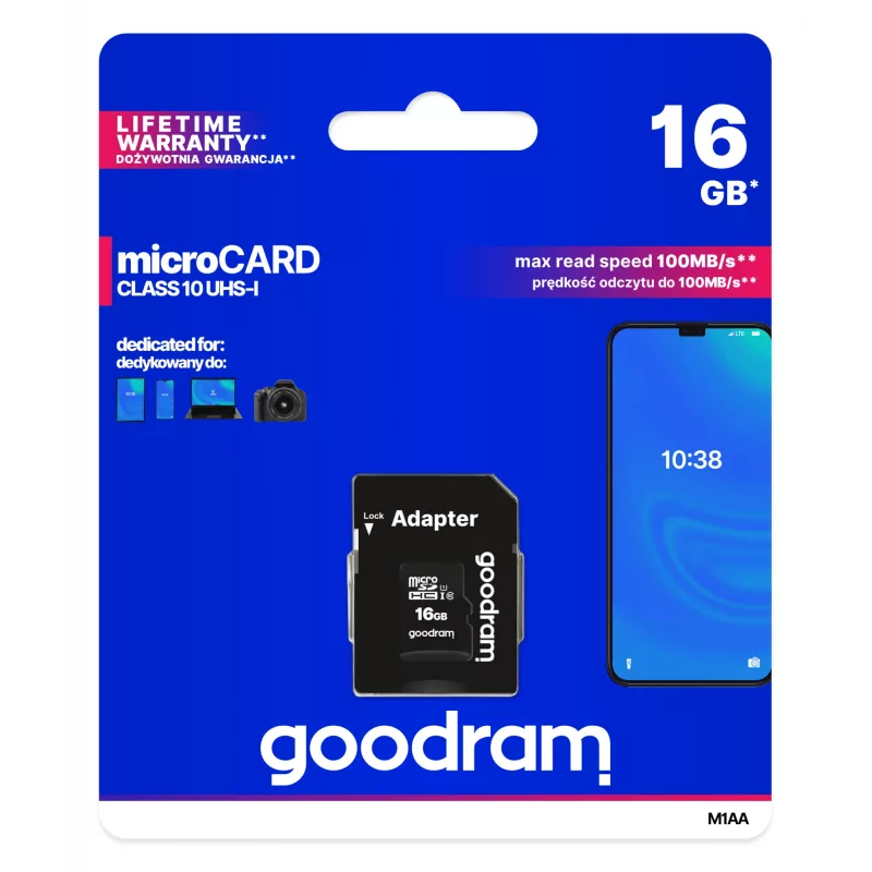 Tarjeta de memoria microSDHC GOODRAM 16 GB Class 10 UHS-I (U1), lectura 100 MB/s, escritura 10 MB/s, protegida contra campos magnéticos, con adaptador SD