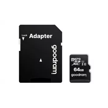 Tarjeta de memoria microSDXC GOODRAM 64 GB UHS-I Class 10 (U1), velocidad de lectura 100 MB/s, velocidad de escritura 10 MB/s, con adaptador SD, negro