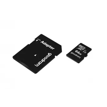 Tarjeta de memoria microSDXC GOODRAM 64 GB UHS-I Class 10 (U1), velocidad de lectura 100 MB/s, velocidad de escritura 10 MB/s, con adaptador SD, negro