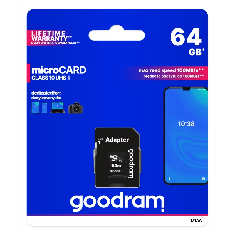 Tarjeta de memoria microSDXC GOODRAM 64 GB UHS-I Class 10 (U1), velocidad de lectura 100 MB/s, velocidad de escritura 10 MB/s, con adaptador SD, negro