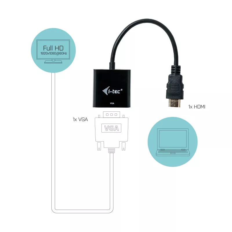 Adaptador de cable i-tec HDMI a VGA, 0.15 m, HDMI, VGA, macho, hembra, 1920 x 1080 pixels