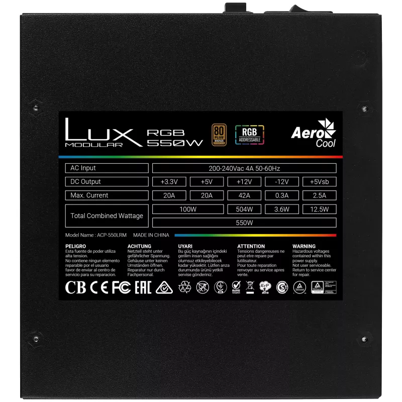 Aerocool LUXRGB550M RGB fuente de alimentación modular para PC 550W 80Plus Bronze 230V negro