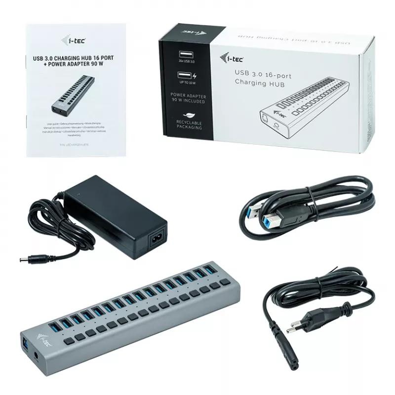 i-tec USB 3.0 hub de carga 16 puertos + fuente de alimentación 90 W