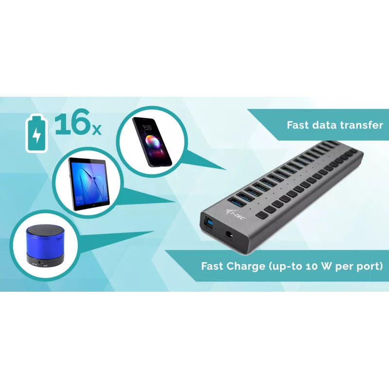 i-tec USB 3.0 hub de carga 16 puertos + fuente de alimentación 90 W