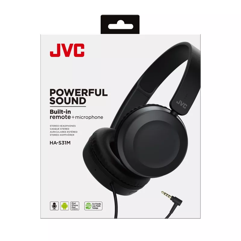 Auriculares JVC Powerful Sound con cable on ear negros, con cable, 10 - 26000 Hz, llamadas/música, 140 g, auriculares, negro