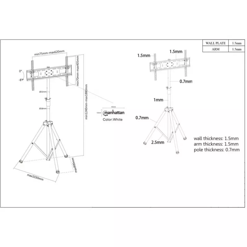 Soporte de suelo trípode Manhattan para TV y monitores, montaje de pie, para pantallas: 37 inch a 65 inch, compatibilidad VESA: cualquiera entre 200x200 y 600x400mm - comprueba las dimensiones de los cuatro orificios de montaje en la parte trasera de la pantalla para asegurarte de que encaja, máx. 35kg, negro, LFD, soporte
