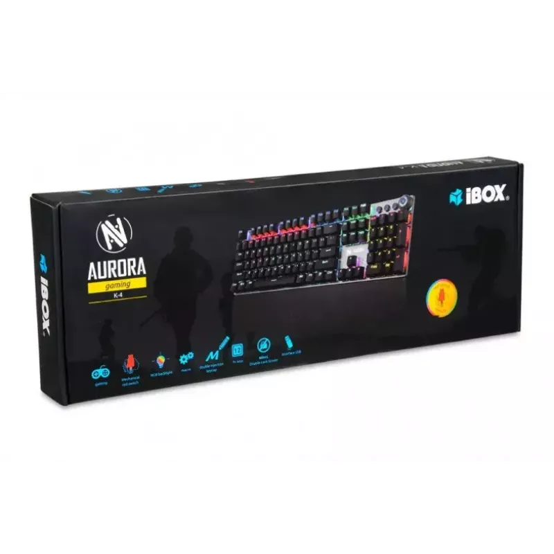 Teclado mecánico gaming con cable IBOX AURORA K-4 — QWERTY, 108 teclas, retroiluminación LED ajustable, resistente al agua, USB, cable 1,6 m
