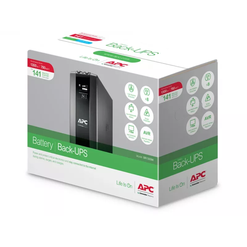 APC Back-UPS Pro, 1300VA/780W, torre, 230V, 8x tomas IEC C13, AVR, LCD, batería reemplazable por el usuario