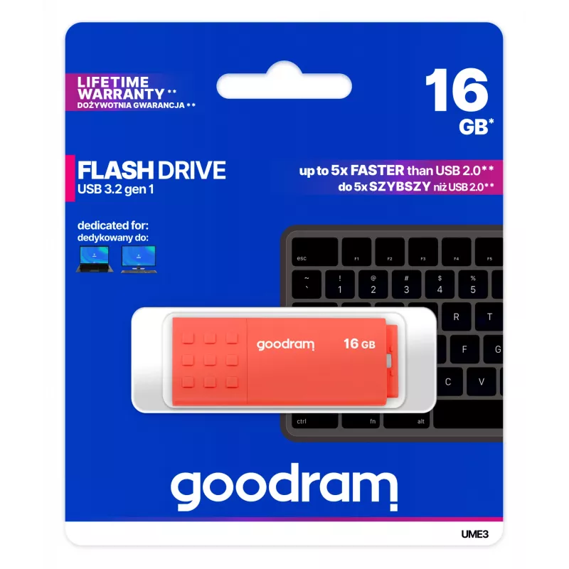 Memoria USB GOODRAM UME3 16 GB USB Type-A 3.2 Gen 1 (naranja), 60/20 MB/s, carcasa de plástico sin tapa