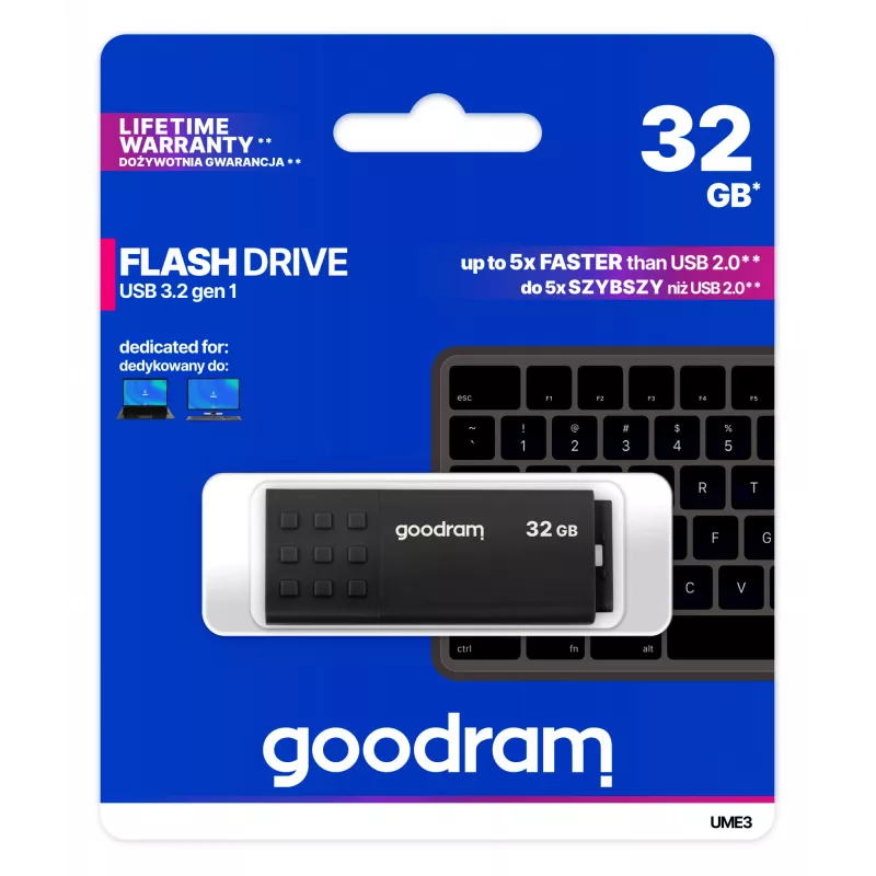 Memoria USB GOODRAM UME3 32 GB, USB Type-A 3.2 Gen 1, negro, 51×21×9,6 mm