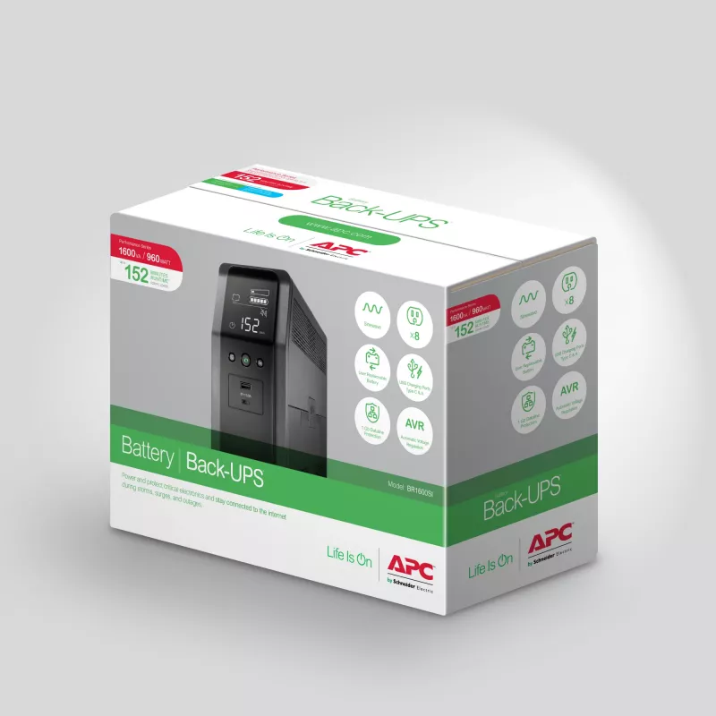 APC Back-UPS Pro, 1600VA/960W, torre, 230V, 8 tomas IEC C13, onda sinusoidal, AVR, conectores USB Type A + C, LCD, batería reemplazable por el usuario