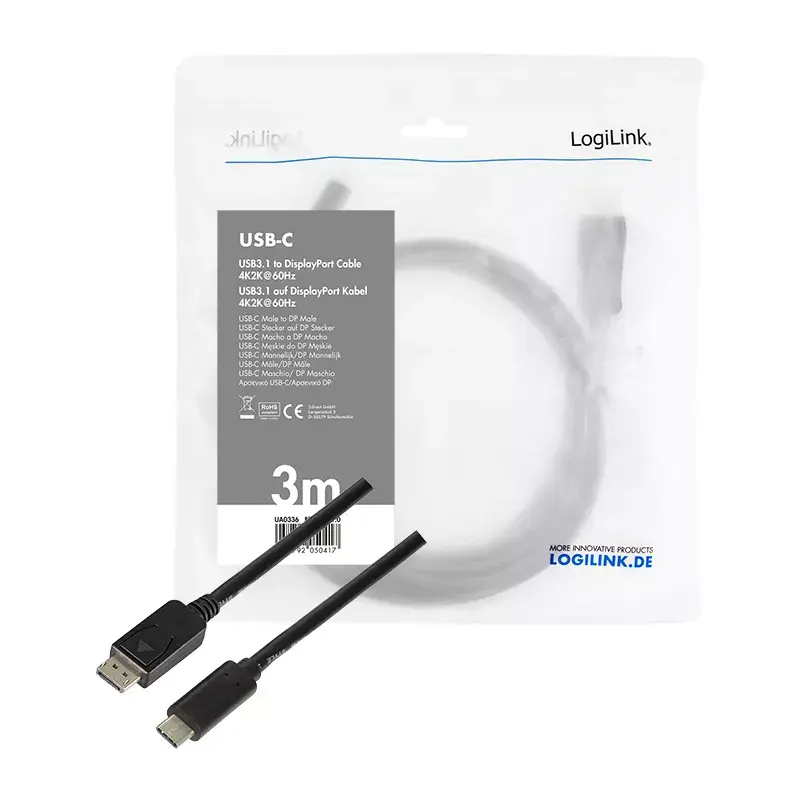 Adaptador de cable de vídeo LogiLink UA0336 3 m USB Type-C DisplayPort negro