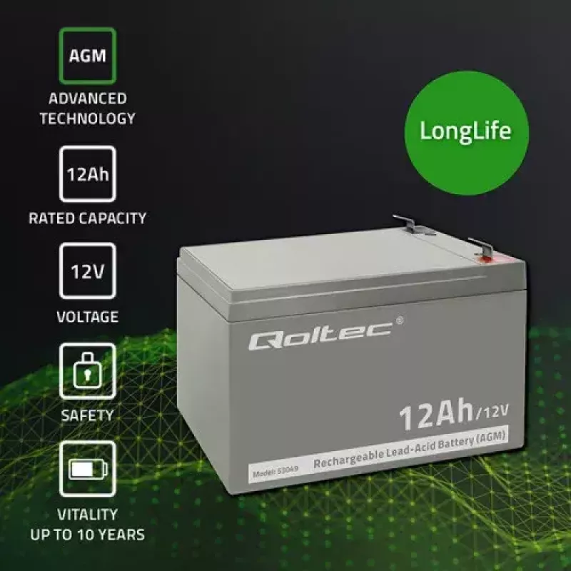 Batería para SAI QOLTEC 53049, VRLA AGM 12 V 12 Ah, gris, 150×98×95 mm