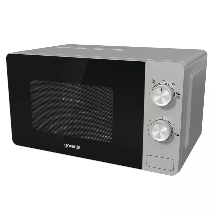 Microondas solo Gorenje MO20E1S — 20 l, 800 W, mando giratorio, plato giratorio de 270 mm, acero inoxidable/negro