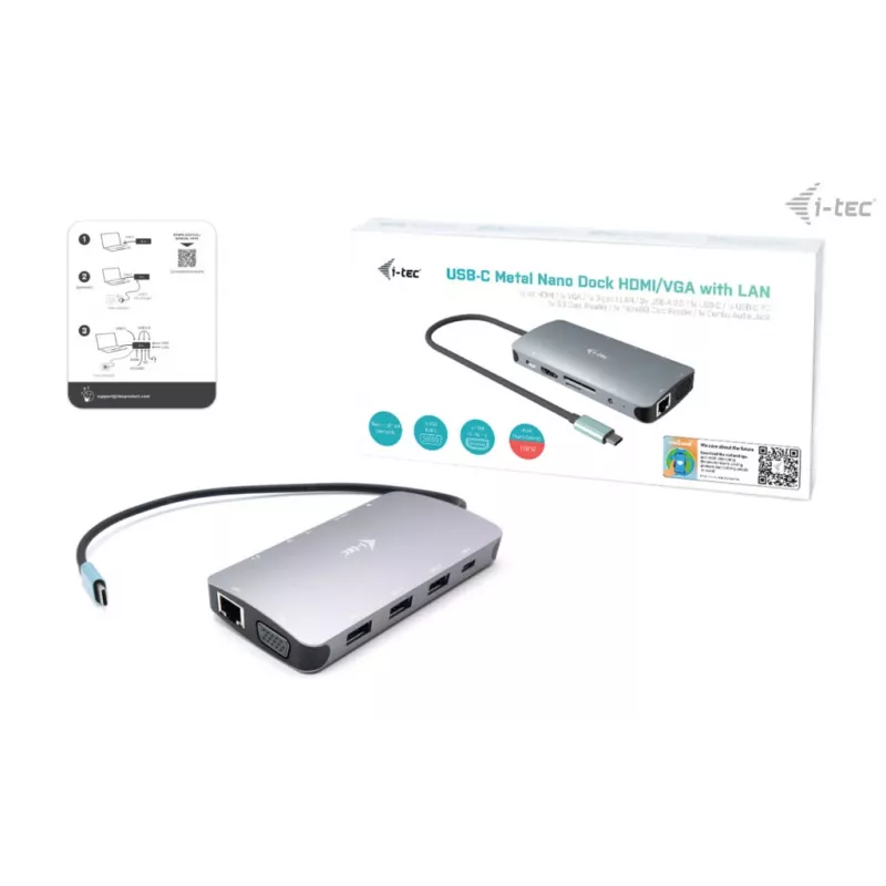 Docking station i-tec Metal USB-C Travel Nano Dock HDMI/VGA con LAN + Power Delivery 100 W