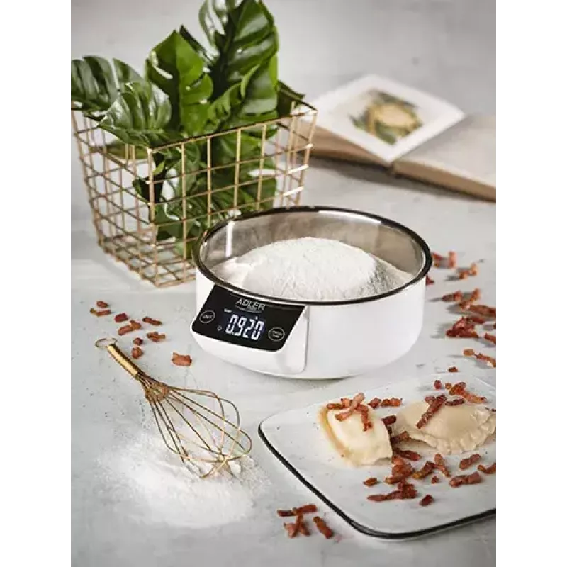 Adler AD 3166 báscula de cocina electrónica con bol, 5 kg, graduación de 1 g, LCD, función de tara, acero inoxidable, blanca