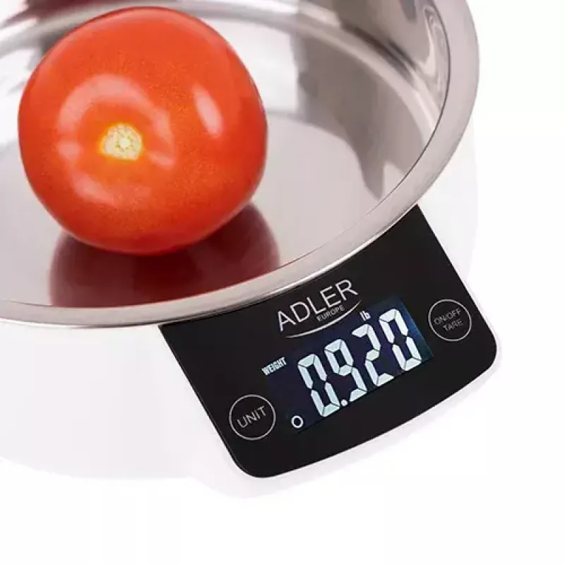 Adler AD 3166 báscula de cocina electrónica con bol, 5 kg, graduación de 1 g, LCD, función de tara, acero inoxidable, blanca