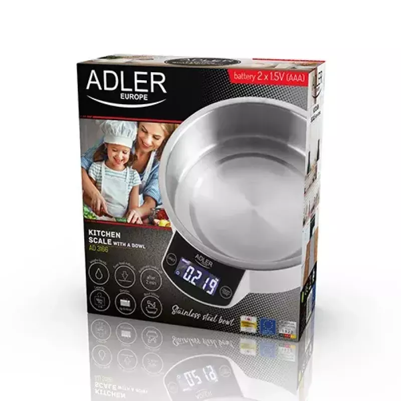 Adler AD 3166 báscula de cocina electrónica con bol, 5 kg, graduación de 1 g, LCD, función de tara, acero inoxidable, blanca