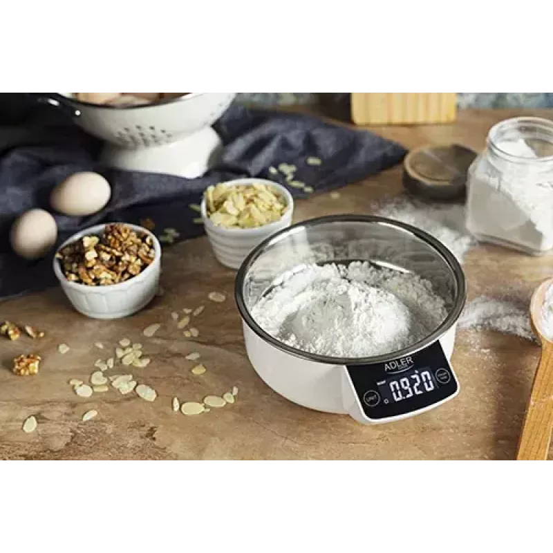 Adler AD 3166 báscula de cocina electrónica con bol, 5 kg, graduación de 1 g, LCD, función de tara, acero inoxidable, blanca