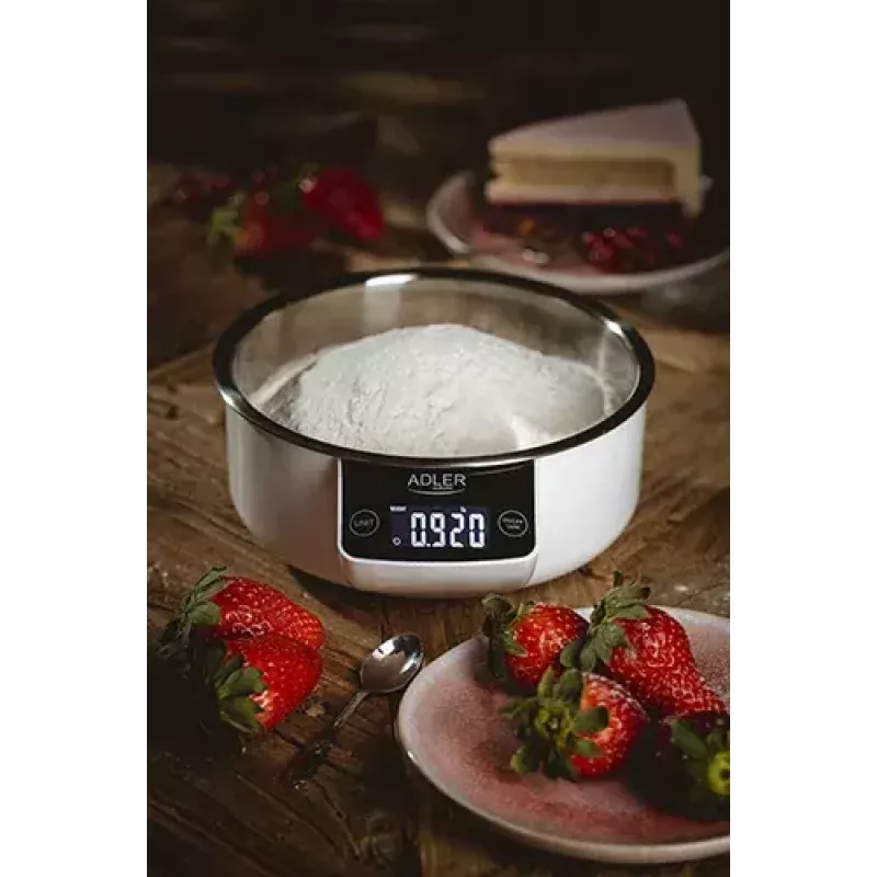 Adler AD 3166 báscula de cocina electrónica con bol, 5 kg, graduación de 1 g, LCD, función de tara, acero inoxidable, blanca