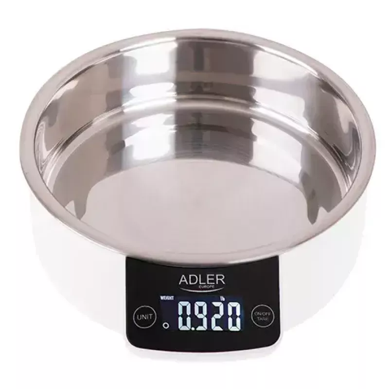Adler AD 3166 báscula de cocina electrónica con bol, 5 kg, graduación de 1 g, LCD, función de tara, acero inoxidable, blanca