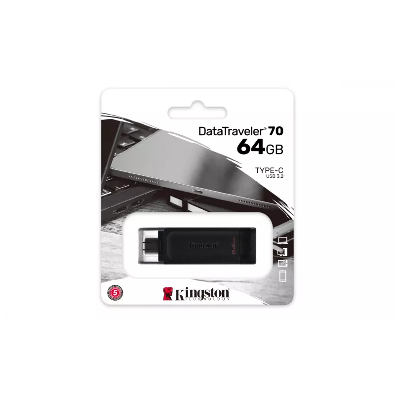 Kingston Technology DataTraveler 64GB USB-C 3.2 Gen 1 70, 64 GB, USB Type-C, 3.2 Gen 1 (3.1 Gen 1), Cap, 7 g, Negro
