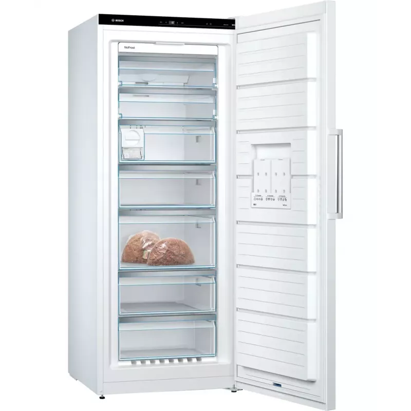 Congelador vertical Bosch Serie 6 GSN54AWDV — 328 L netos, NoFrost, FastFreeze, pantalla LED, blanco
