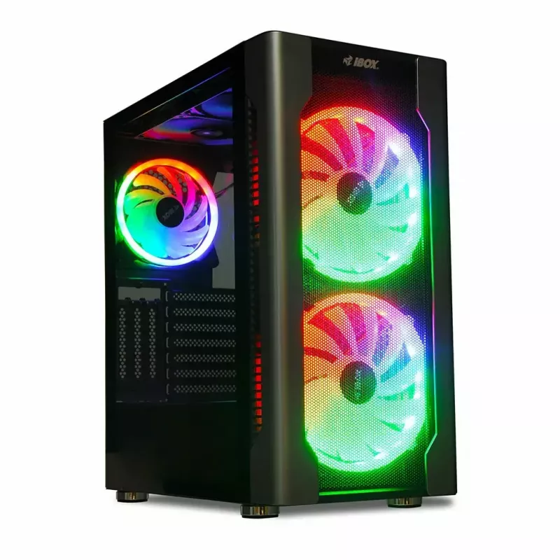 Caja de PC IBOX Chiron ZH68 Gaming, torre semitorre ATX, soporte EATX, negra, ventana lateral, iluminación