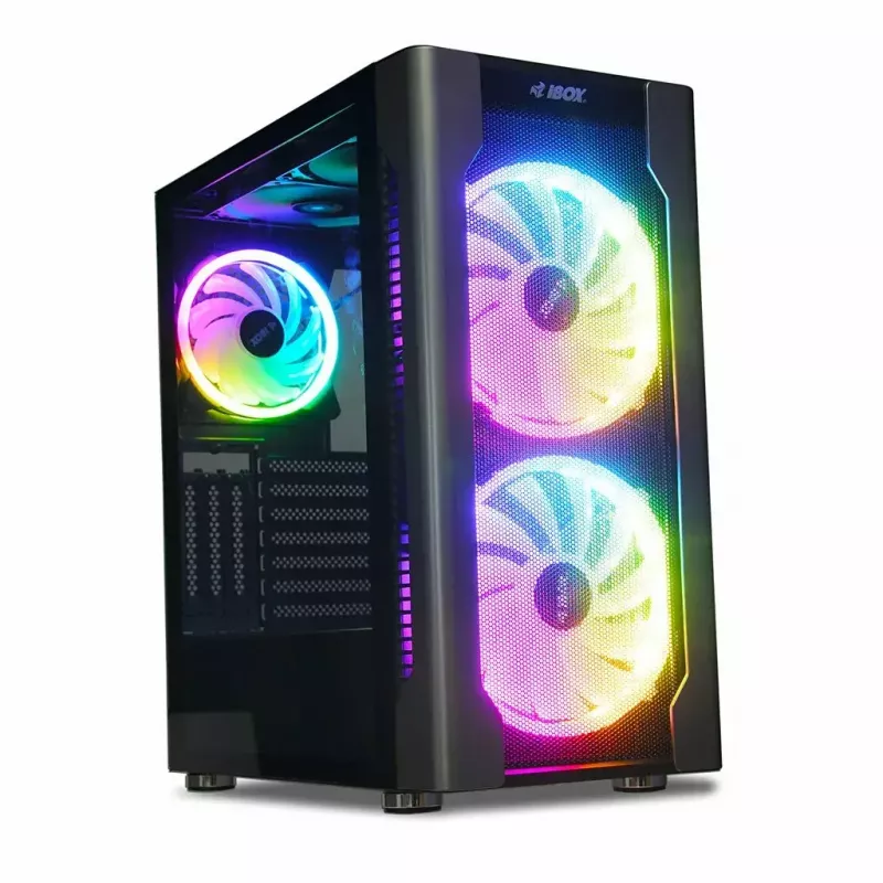 Caja de PC IBOX Chiron ZH68 Gaming, torre semitorre ATX, soporte EATX, negra, ventana lateral, iluminación