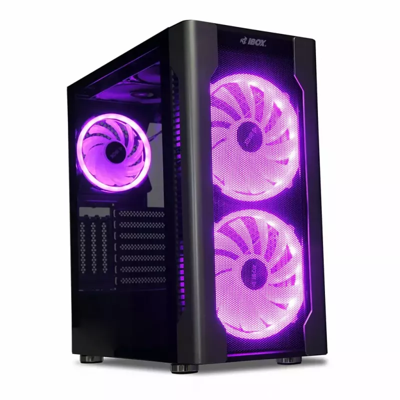 Caja de PC IBOX Chiron ZH68 Gaming, torre semitorre ATX, soporte EATX, negra, ventana lateral, iluminación