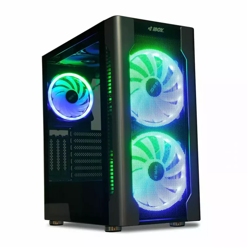 Caja de PC IBOX Chiron ZH68 Gaming, torre semitorre ATX, soporte EATX, negra, ventana lateral, iluminación