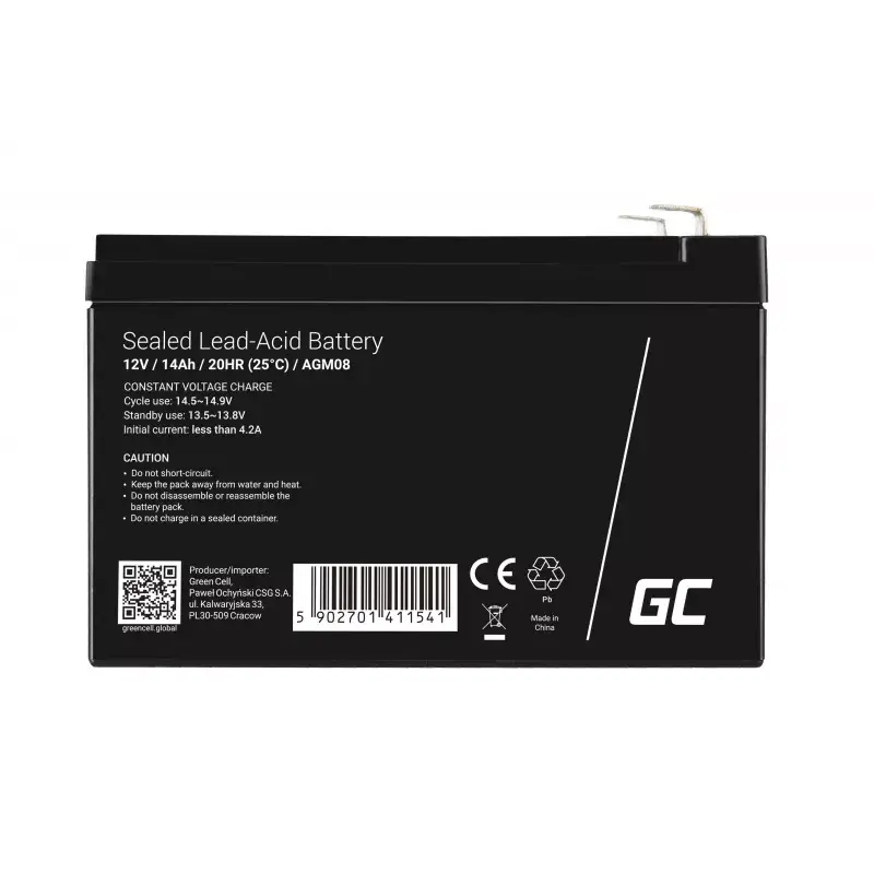 Batería recargable AGM de plomo-ácido sellada Green Cell AGM08 12 V 14000 mAh, 98×151×95 mm, 3,45 kg