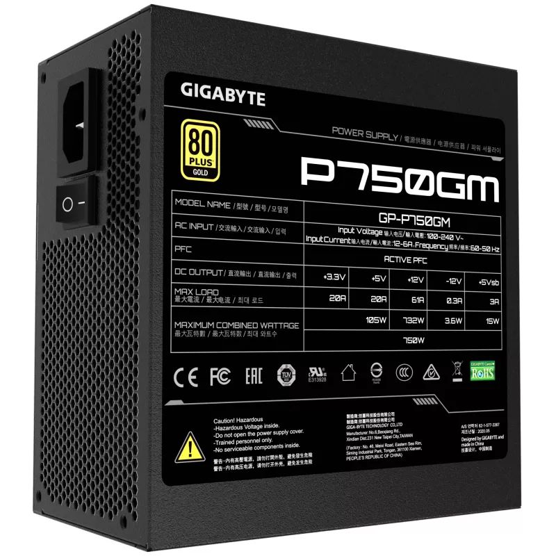Fuente de alimentación Gigabyte P750GM 750 vatios Eficiencia 80 PLUS GOLD, PFC Activo, MTBF 100000 horas
