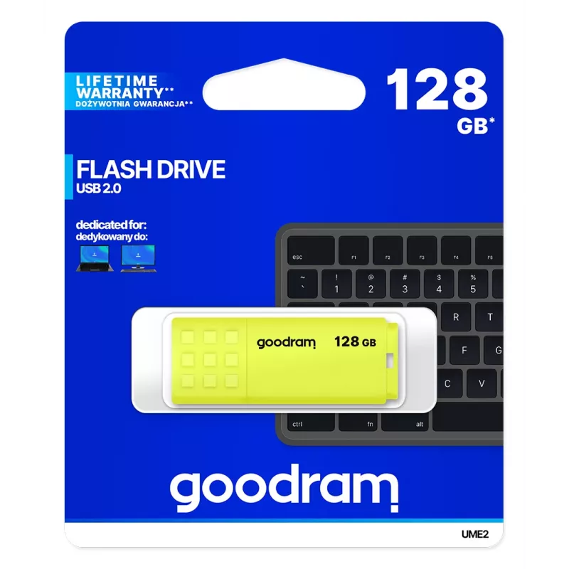 Goodram UME2 UME2-1280Y0R11 memoria USB 128 GB, USB 2.0 Tipo A, 20 MB/s, con tapa, amarillo