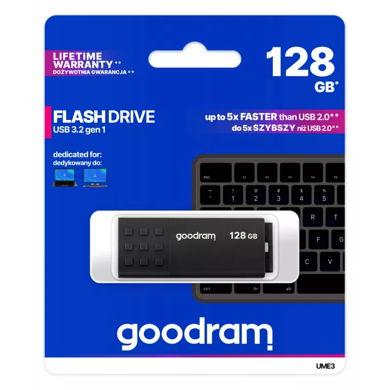 Memoria USB GOODRAM UME3 128 GB USB Type-A 3.2 Gen 1 (negra, 60 MB/s lectura, 20 MB/s escritura)