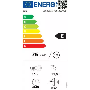 Lavavajillas integrable BEKO DIS35026 — estrecho 45 cm, 10 cubiertos, 48 dB, 5 programas, clase energética E