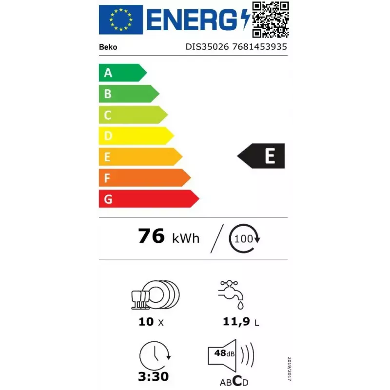 Lavavajillas integrable BEKO DIS35026 — estrecho 45 cm, 10 cubiertos, 48 dB, 5 programas, clase energética E
