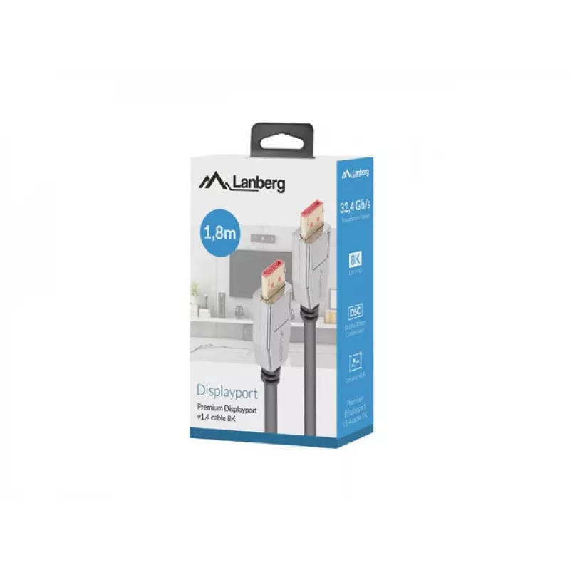Lanberg CA-DPDP-20CU-0018-BK cable DisplayPort 1.4 M/M 1,8 m, 8K 60 Hz, HDR, conectores chapados en oro, negro