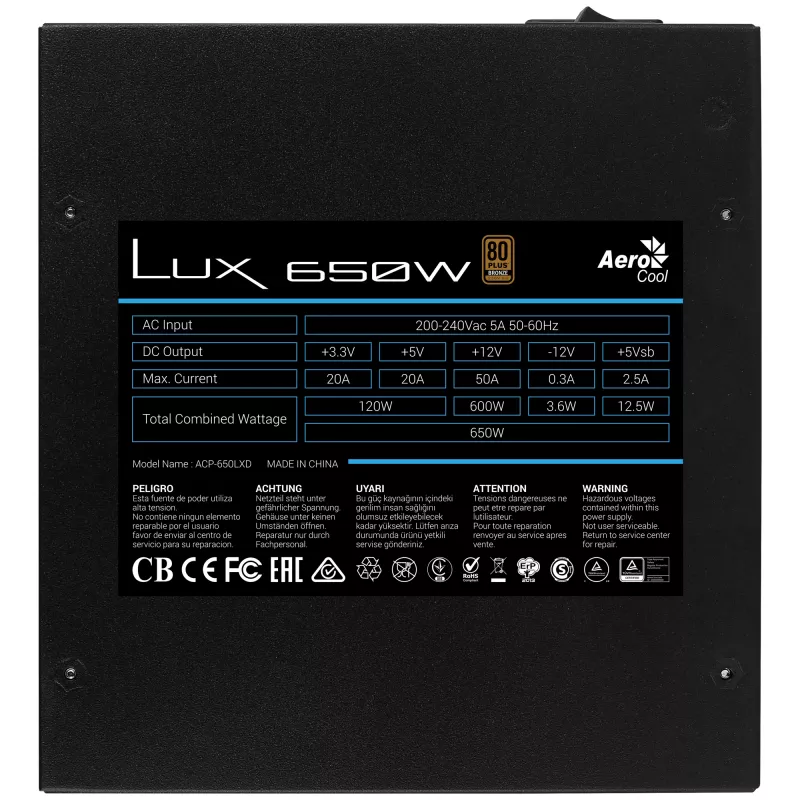 Aerocool LUX650 Fuente de alimentación para PC 650W 80 Plus Bronze 230V 88% eficiencia negro