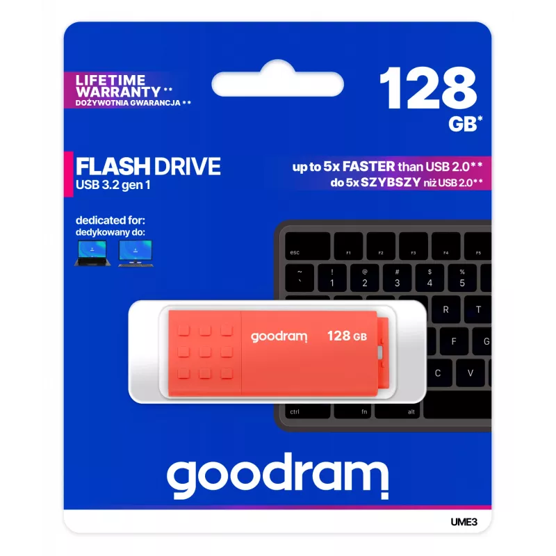 USB-Stick GOODRAM UME3 128 GB USB Type-A 3.2 Gen 1, naranja, sin tapa, 60/20 MB/s
