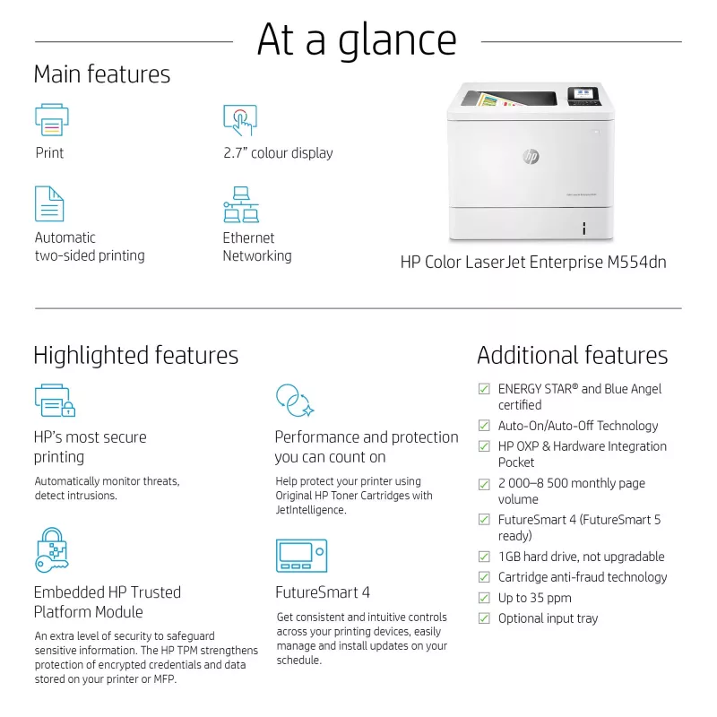 HP Color LaserJet Enterprise M554dn Impresora, láser, color, 1200 x 1200 DPI, A4, 33 ppm, impresión a doble cara