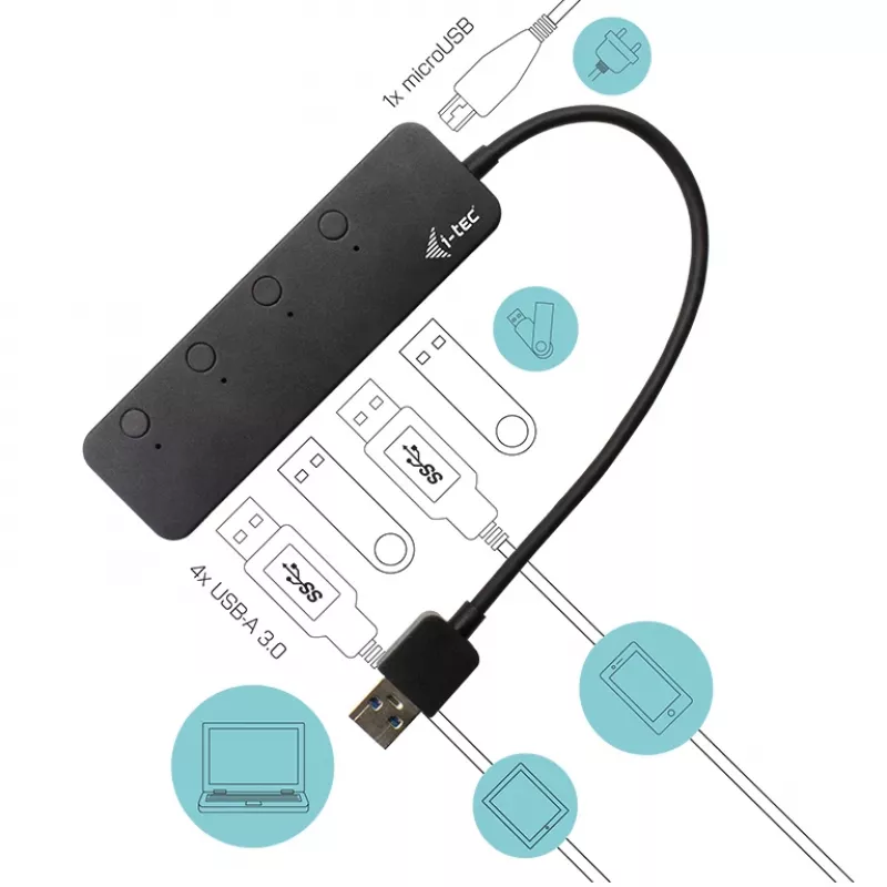 Hub USB i-tec USB 3.0 Metal HUB 4 Puertos con interruptores individuales de encendido/apagado