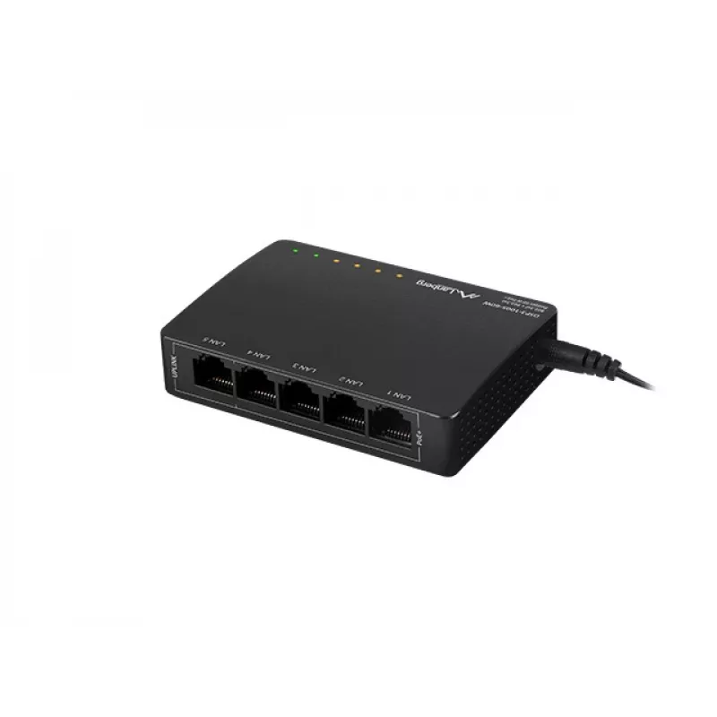 Switch de red no gestionado LANBERG DSP3-1005-60W, 5x Gigabit RJ-45, 4x PoE+ (60 W total), 10 Gbit/s conmutación