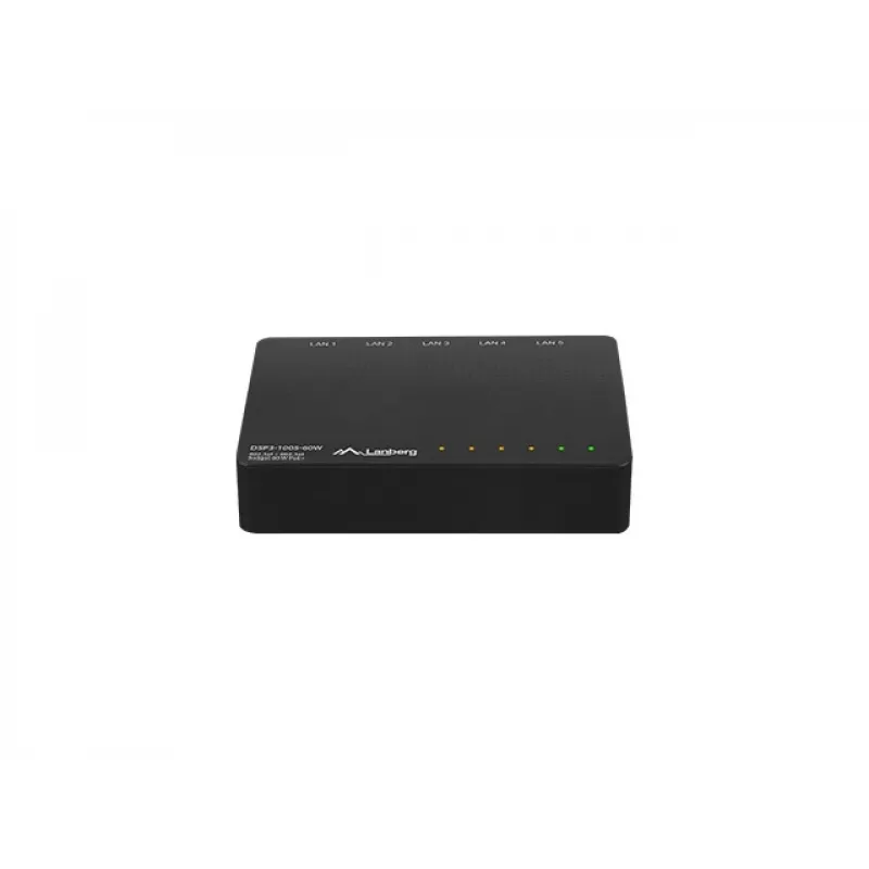 Switch de red no gestionado LANBERG DSP3-1005-60W, 5x Gigabit RJ-45, 4x PoE+ (60 W total), 10 Gbit/s conmutación