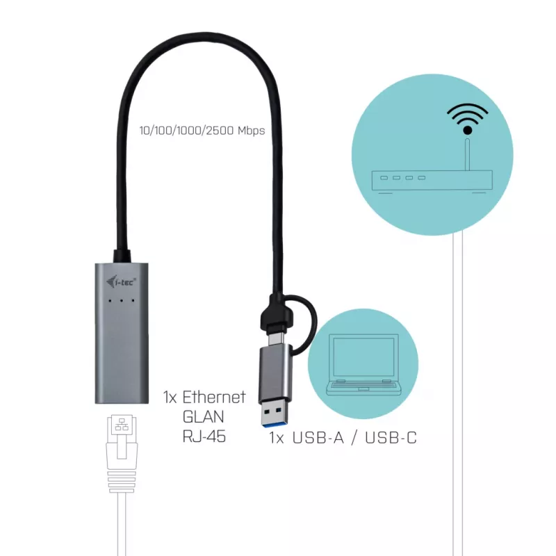 Adaptador i-tec Metal USB-C/USB-A 2.5Gbps Ethernet, cableado, USB Type-A/USB Type-C, Ethernet, 2500 Mbit/s, gris