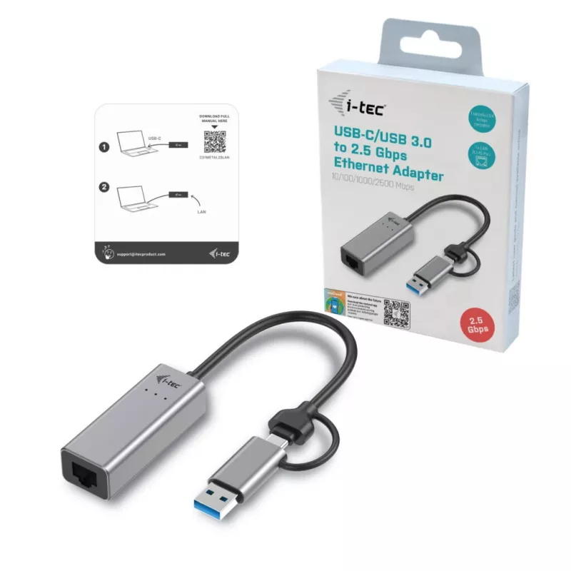 Adaptador i-tec Metal USB-C/USB-A 2.5Gbps Ethernet, cableado, USB Type-A/USB Type-C, Ethernet, 2500 Mbit/s, gris